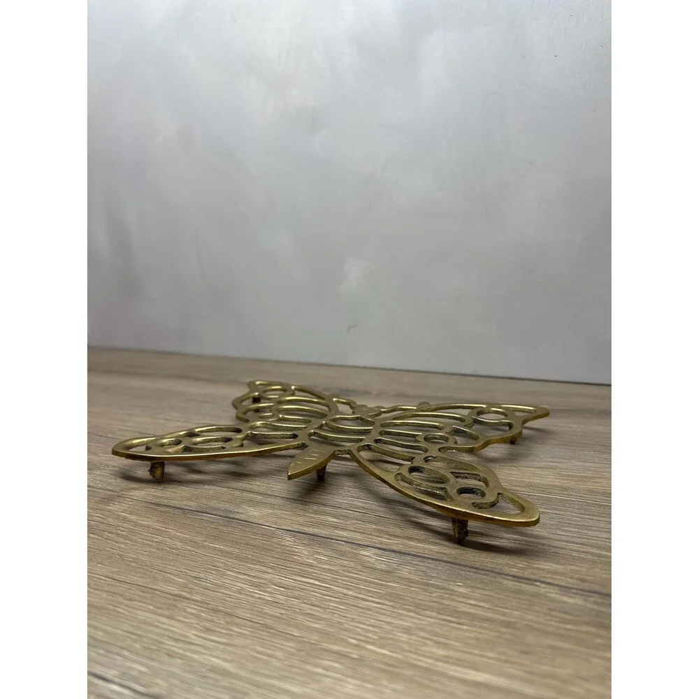 Vintage Solid Brass Butterfly Trivet Hot Plate Butterfly Kitchen Decor, 8.5 Inch
